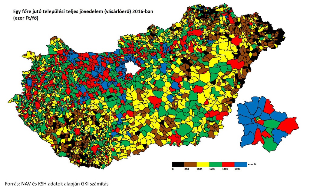 A magyar települések vásárlóerő-térképe. Forrás: GKI Gazdaságkutató Zrt. (1 / 1. kép)