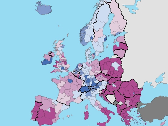 Egy lakosra jutó GDP: kékkel az EU-átlag fölötti régiók, lilával az átlag alattiak. 