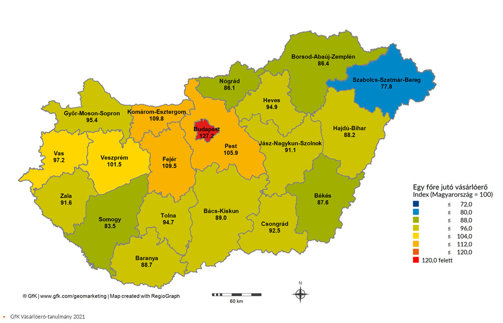 GfK Vásárlóerő Magyarország 2021 térkép