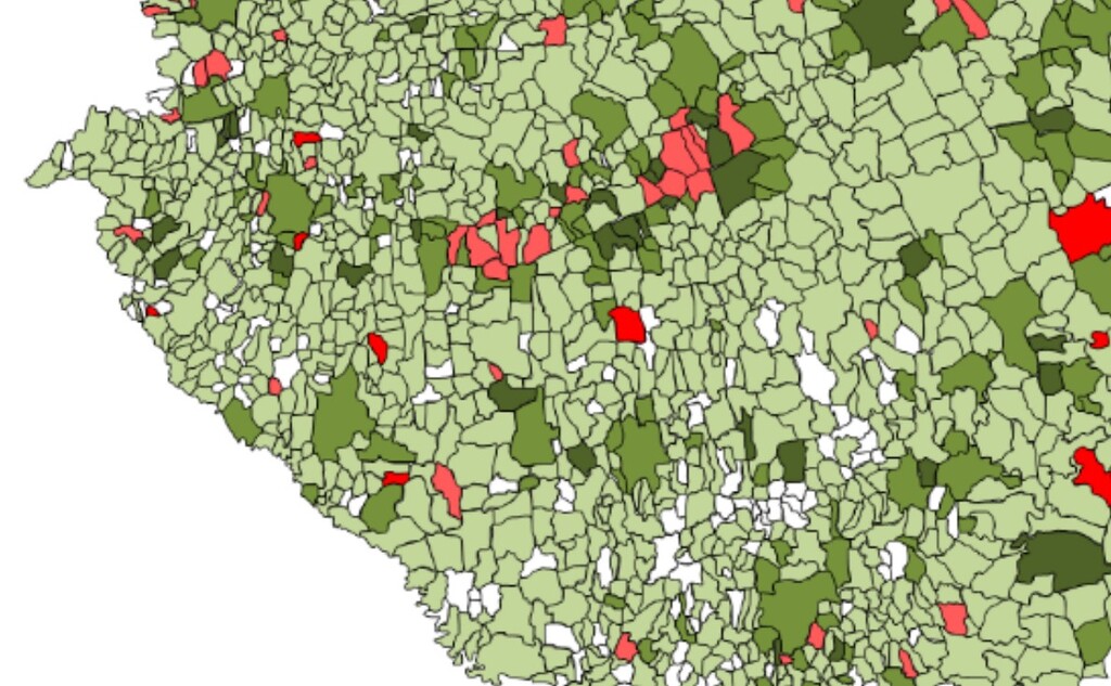 Tőkejövedelmek településenként (fehér: 0, piros: a ). Forrás: GKI.