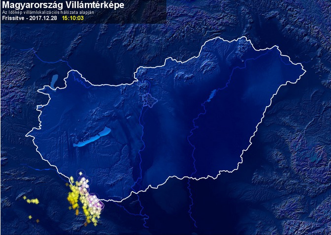 Az Időkép villámtérképén jól látszik, hogy a dél-nyugati országrészben heves zivatarként érkezett a hidegfront: többfelé villámlik és dörgés hallatszik