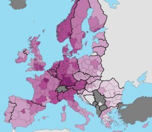 Egy lakosra jutó GDP: kékkel az EU-átlag fölötti régiók, lilával az átlag alattiak.