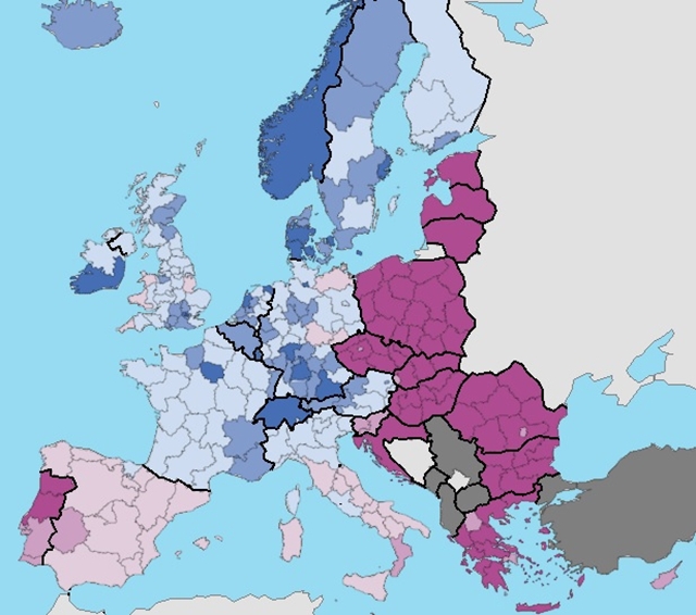 Egy munkaóra hozzáadott értéke. Kékkel az EU-átlag fölötti, lilával az az alatti régiók. Sötétlilával azok a régiók, ahol az érték az EU-átlag felét sem éri el.